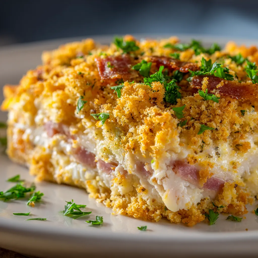 A close-up showing the creamy, cheesy top of a freshly baked Chicken Cordon Bleu Casserole, revealing layers of ham and chicken.