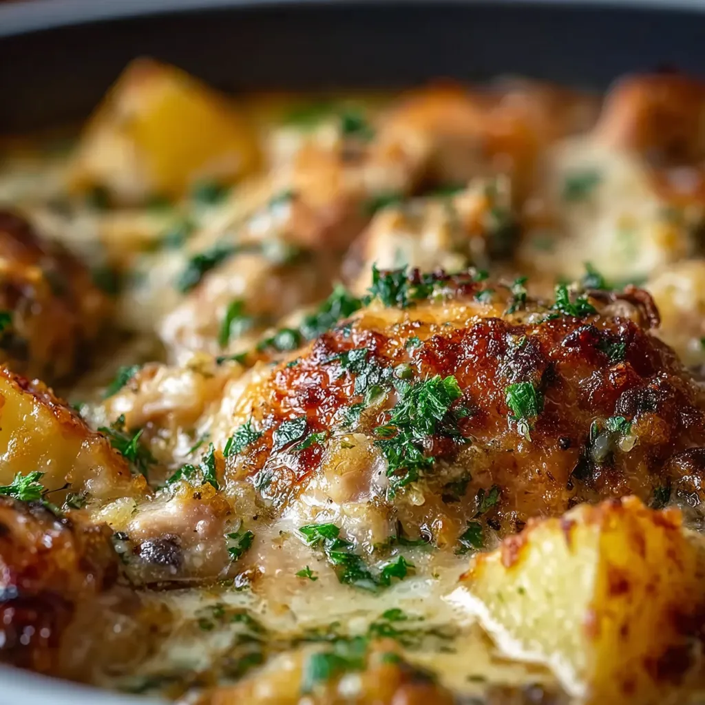Close-up shot of Garlic Parmesan Crockpot Chicken, showcasing its creamy sauce and tender chicken.