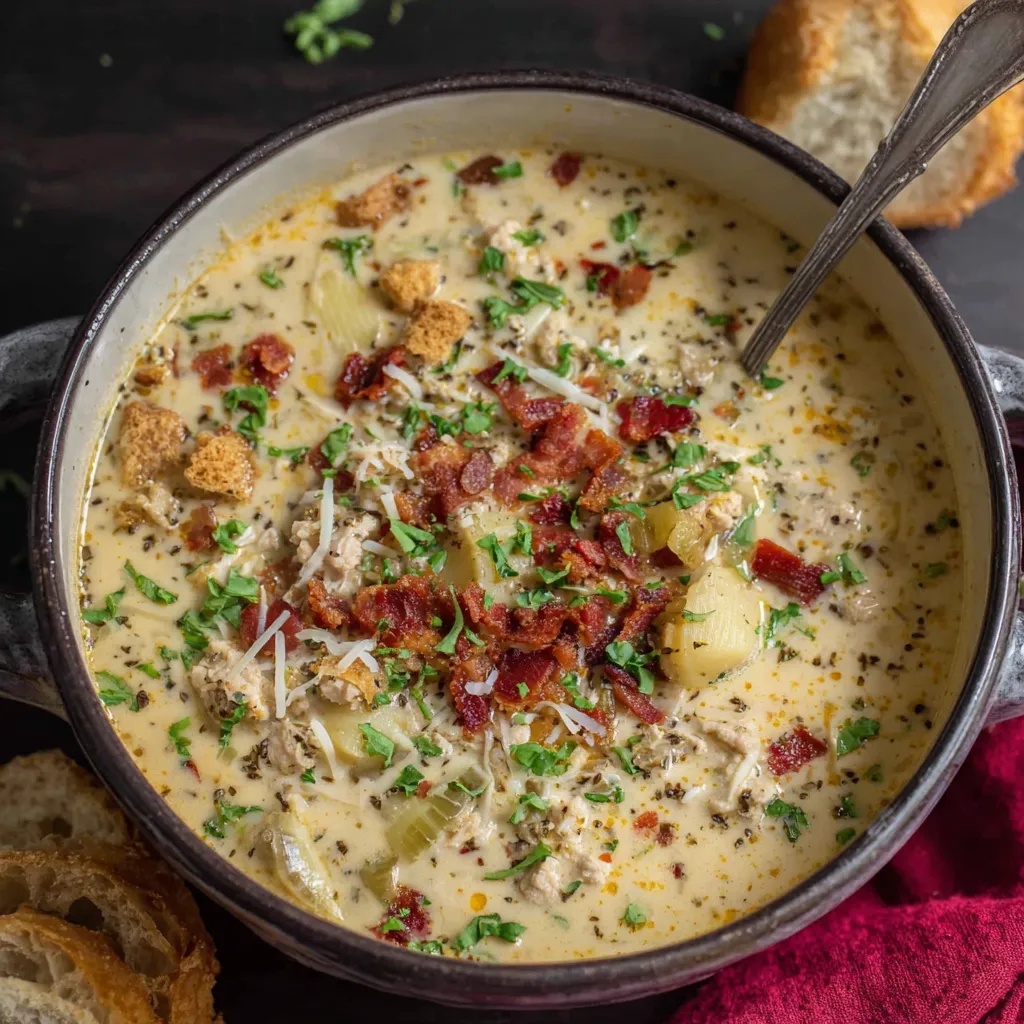 Close-up view of a bowl of Italian Ground Chicken Soup, showcasing the broth, vegetables, and browned ground chicken.