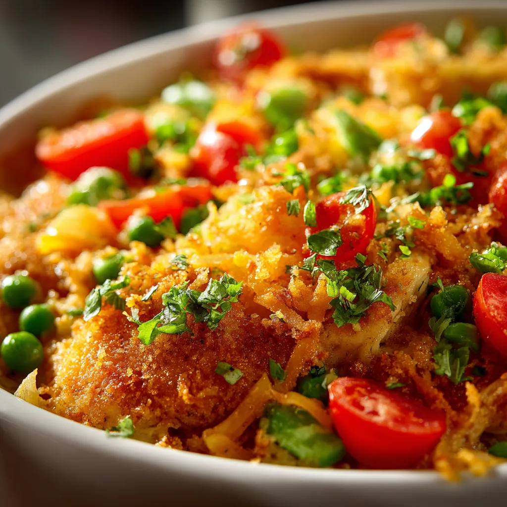 Close-up view of a creamy and golden-brown Million Dollar Chicken Casserole, showcasing its delicious texture.