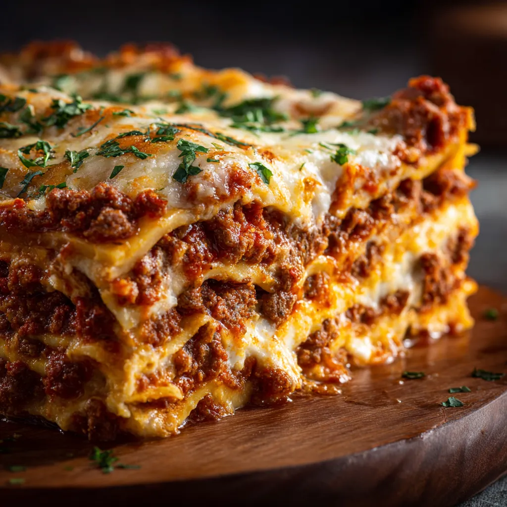A close-up shot showcasing another delicious layer of the Million Dollar Lasagna, highlighting its rich texture and golden-brown crust.