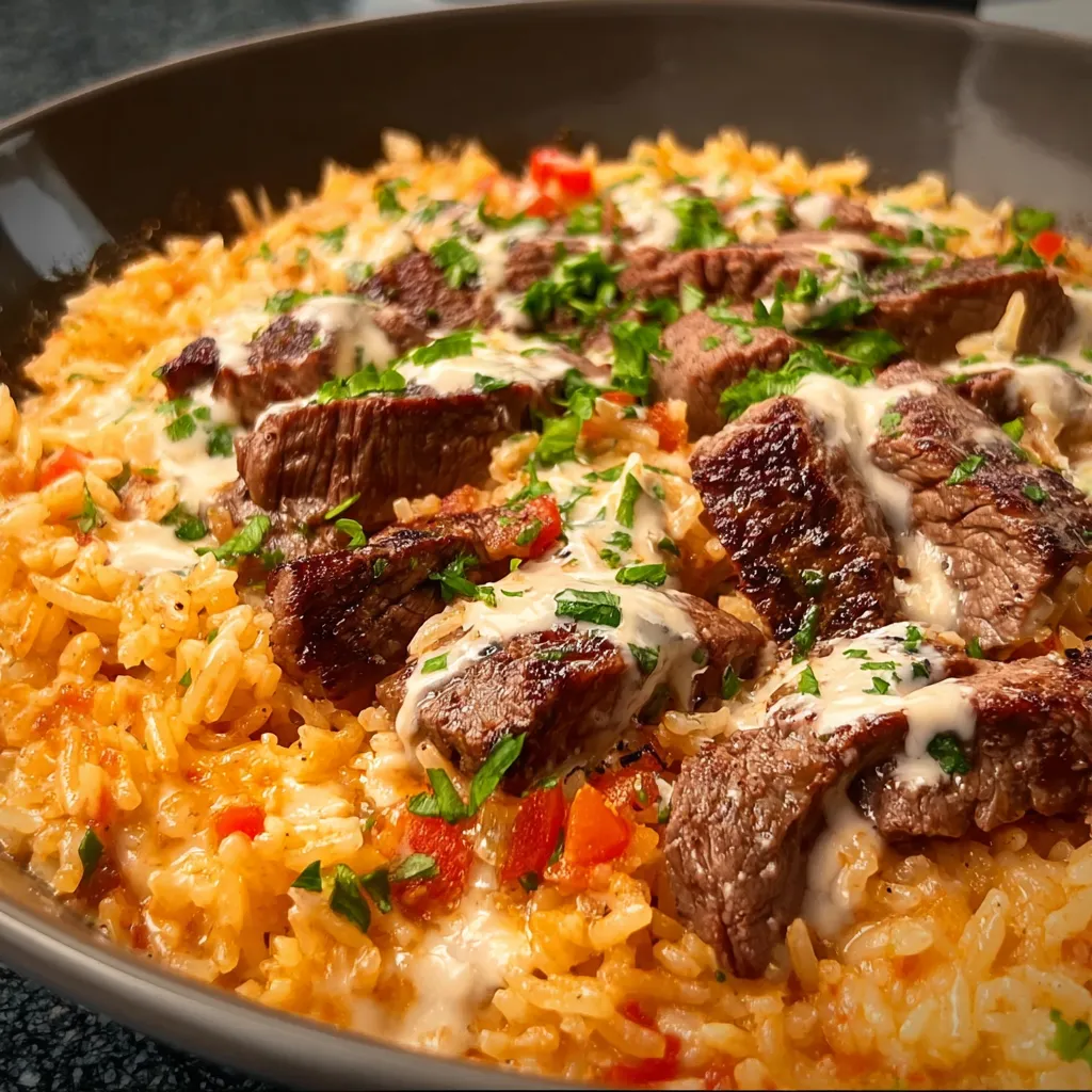 Close-up shot of delicious Queso Rice With Steak, showcasing the creamy queso and perfectly seared steak.