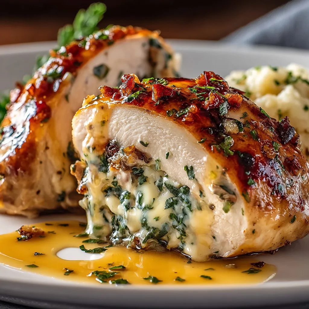 A close-up shot showcases the delicious Ruth's Chris Stuffed Chicken, highlighting its golden-brown exterior and savory filling.