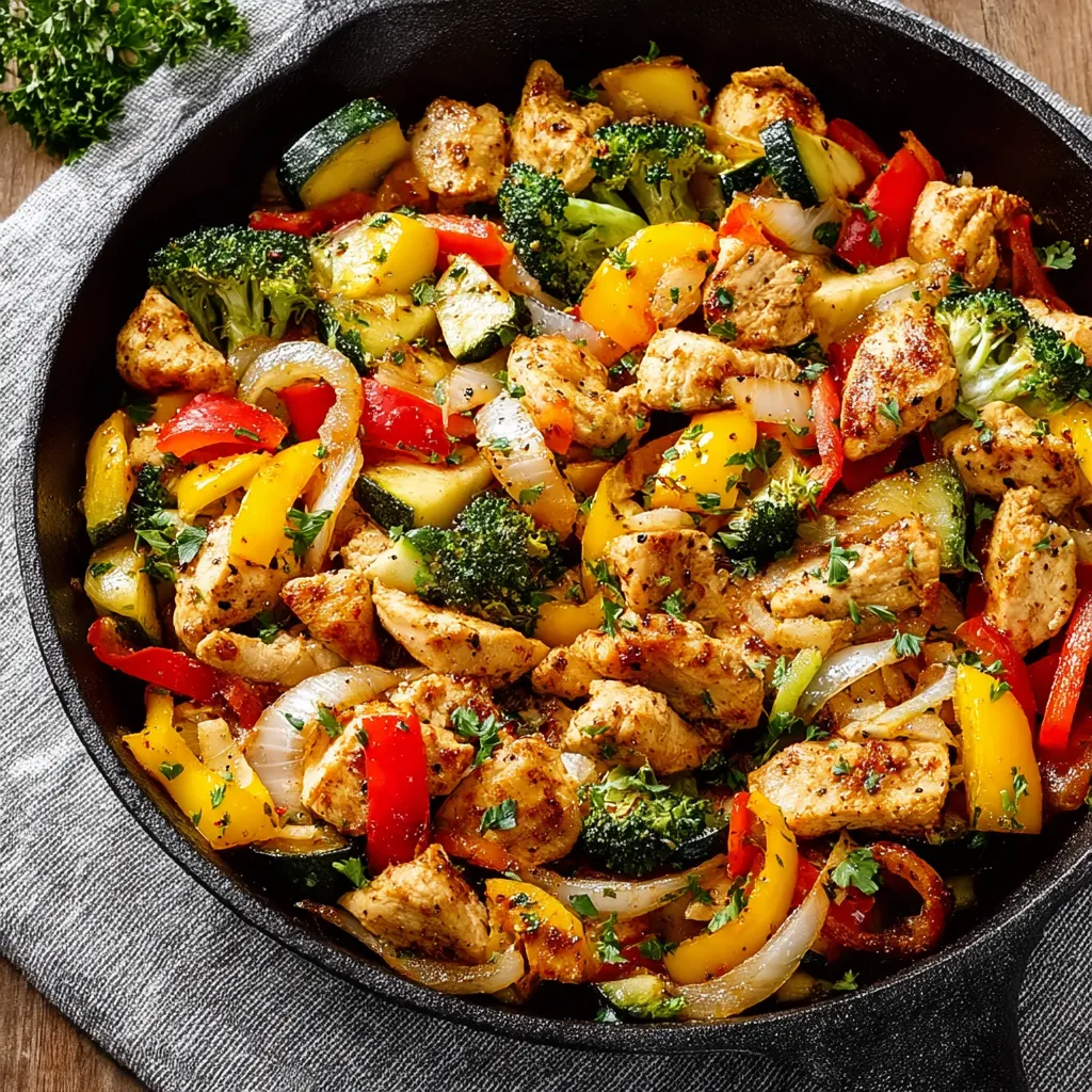 A close-up shot showcases the colorful and delicious Skillet Chicken With Veggies, highlighting the tender chicken and vibrant vegetables.