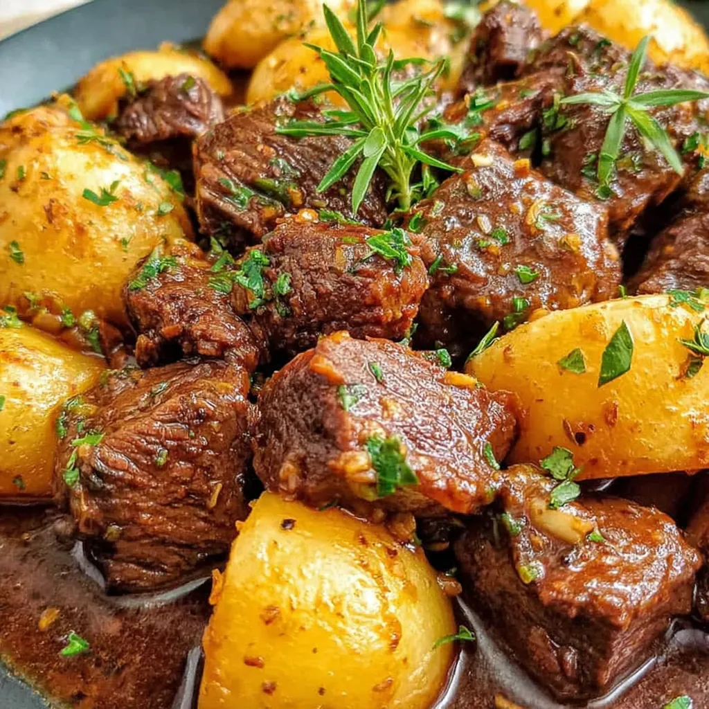 Close-up view of the delicious Slow Cooker Garlic Butter Beef & Potatoes, showcasing the tender beef and flavorful potatoes.