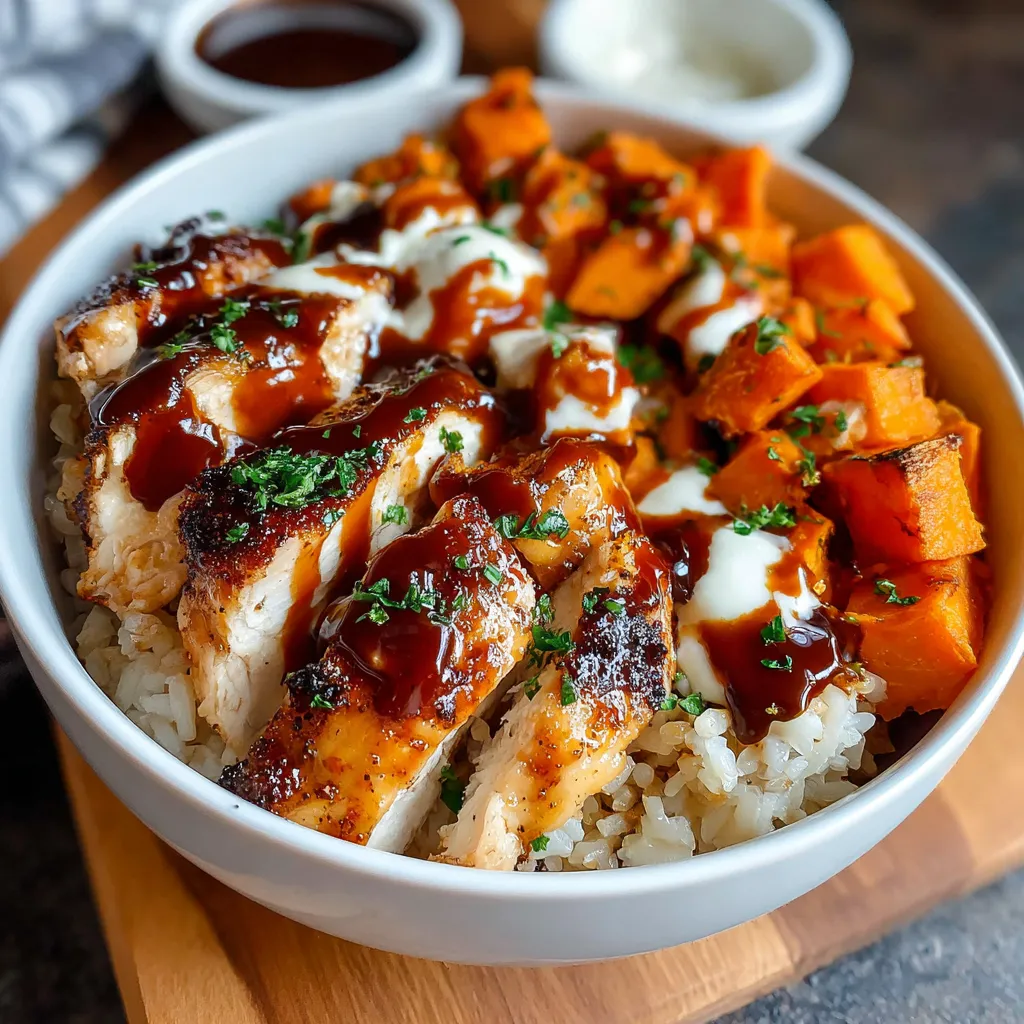 Close-up of a delicious Smoky Bbq Chicken Sweet Potato Bowl, showcasing the vibrant colors and textures of the ingredients.