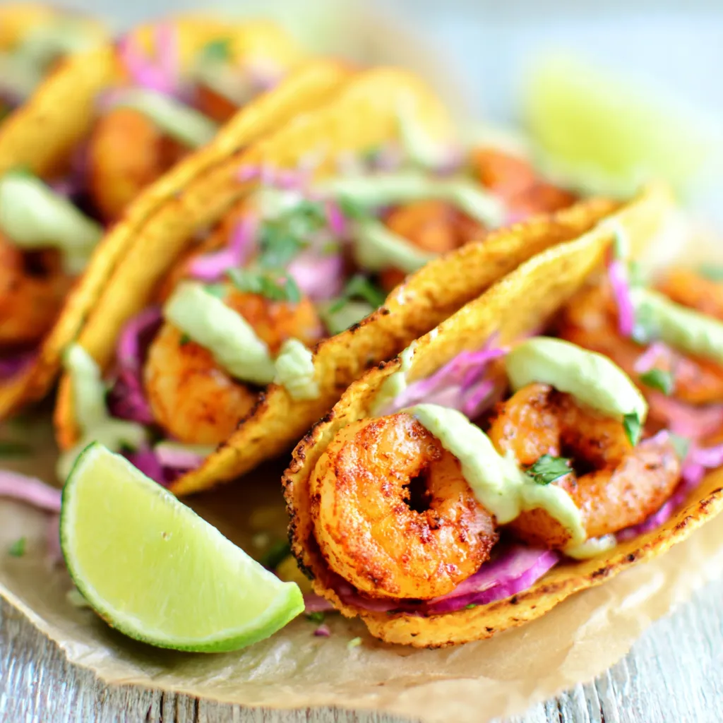 Close-up shot of delicious Spicy Shrimp Tacos, showcasing the vibrant colors and fresh ingredients.