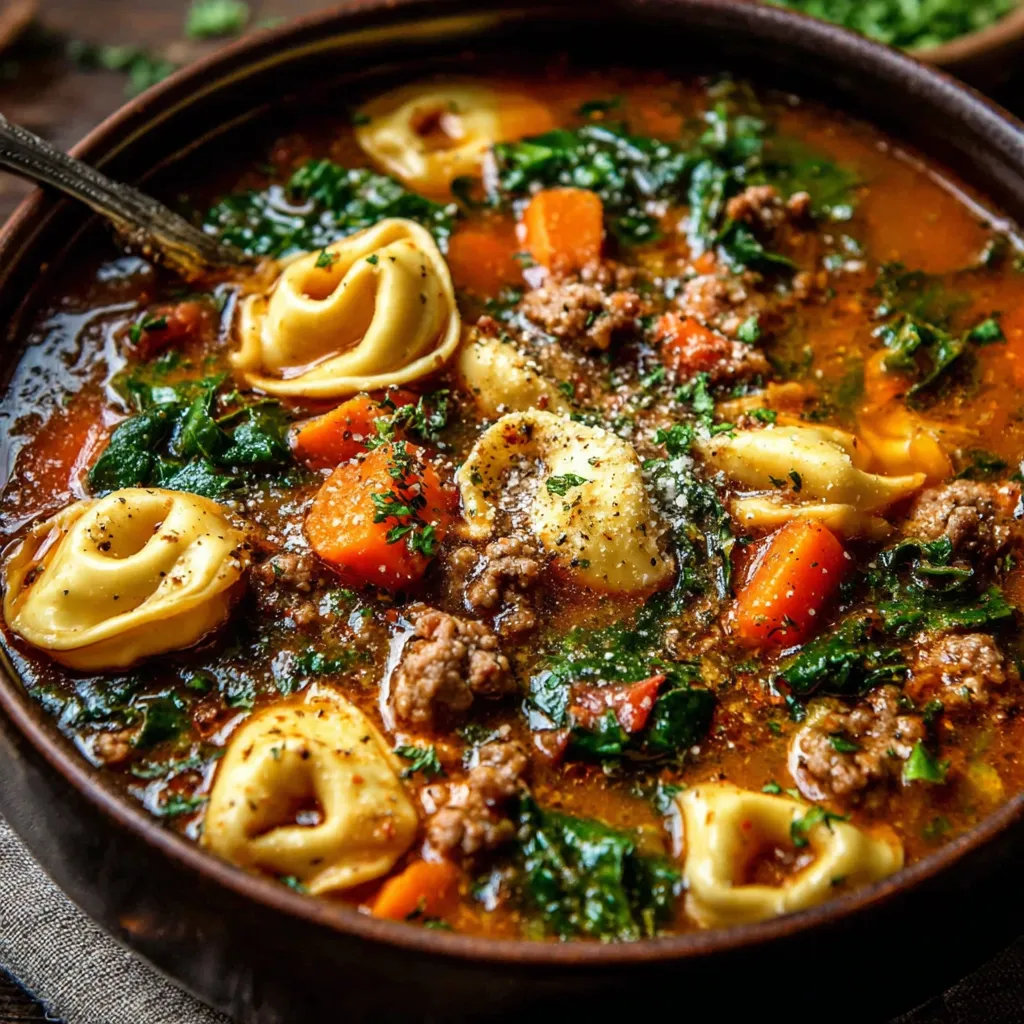 Close-up shot of a bowl of steaming Autumn Tortellini Soup, showcasing the colorful ingredients and broth.