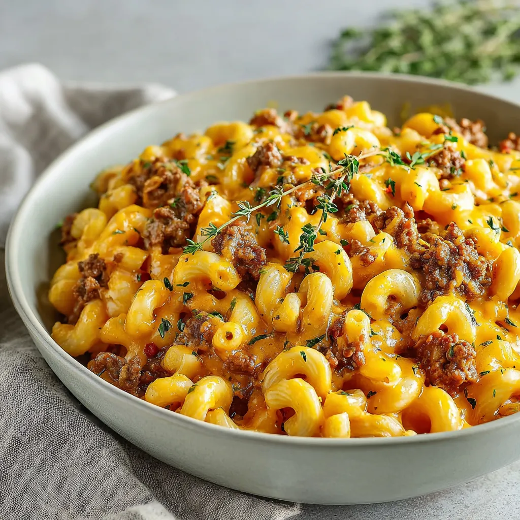 A close-up shot showcasing a delicious serving of Cheeseburger Macaroni, perfect for a hearty meal.