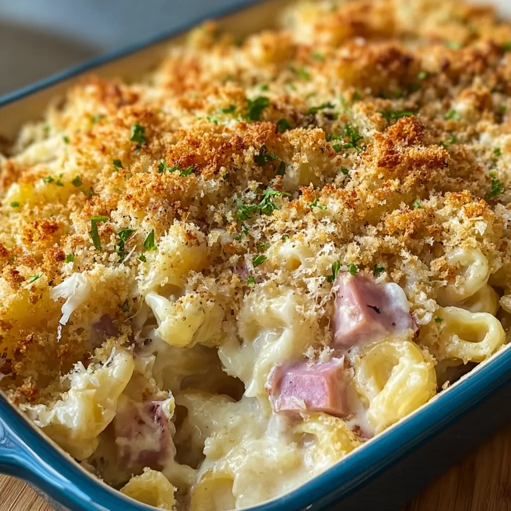 A close-up shot showcases the creamy, golden-brown top of the freshly baked Chicken Cordon Bleu Casserole.