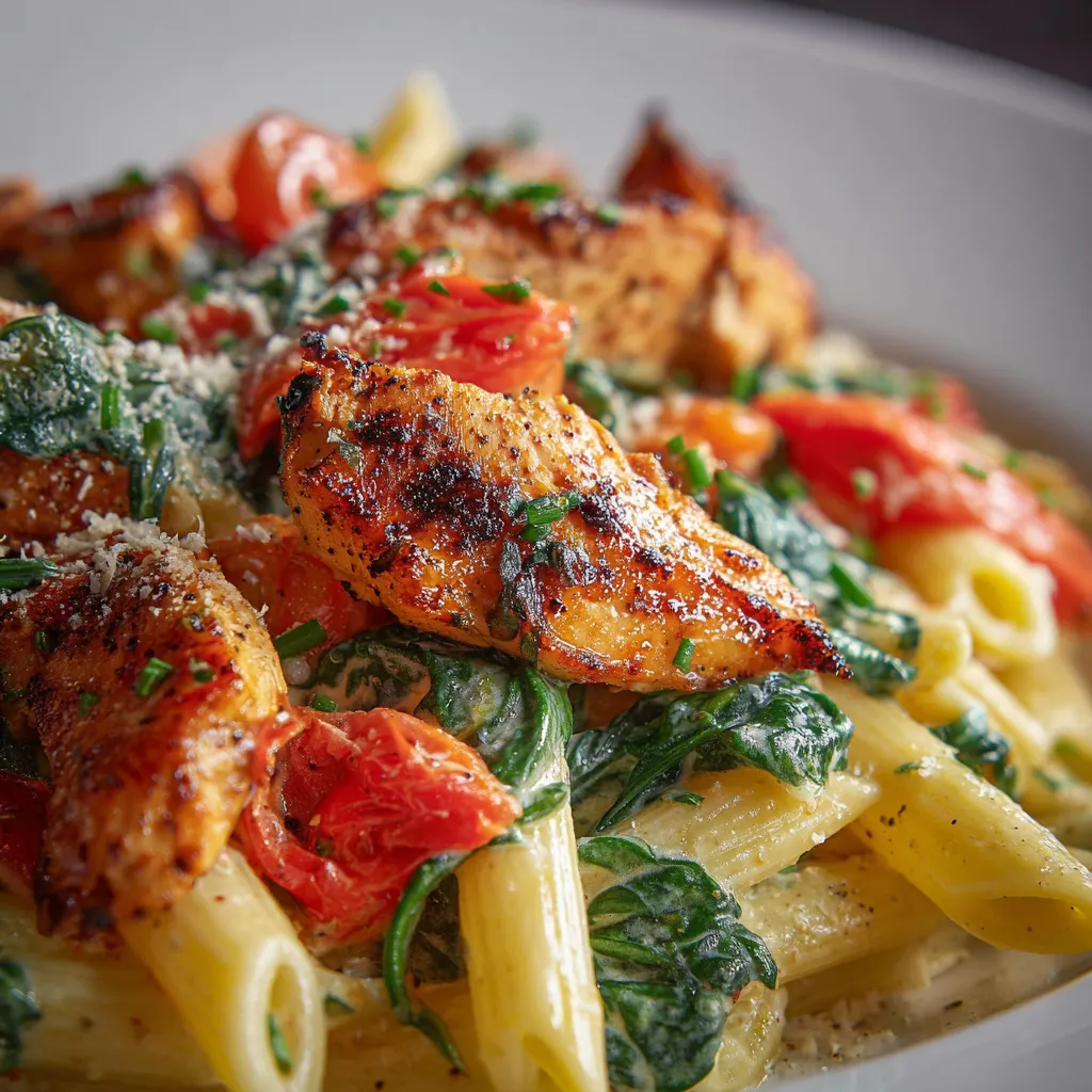 Close-up shot of a delicious serving of Chicken Spinach Penne, showcasing the creamy sauce and vibrant green spinach.