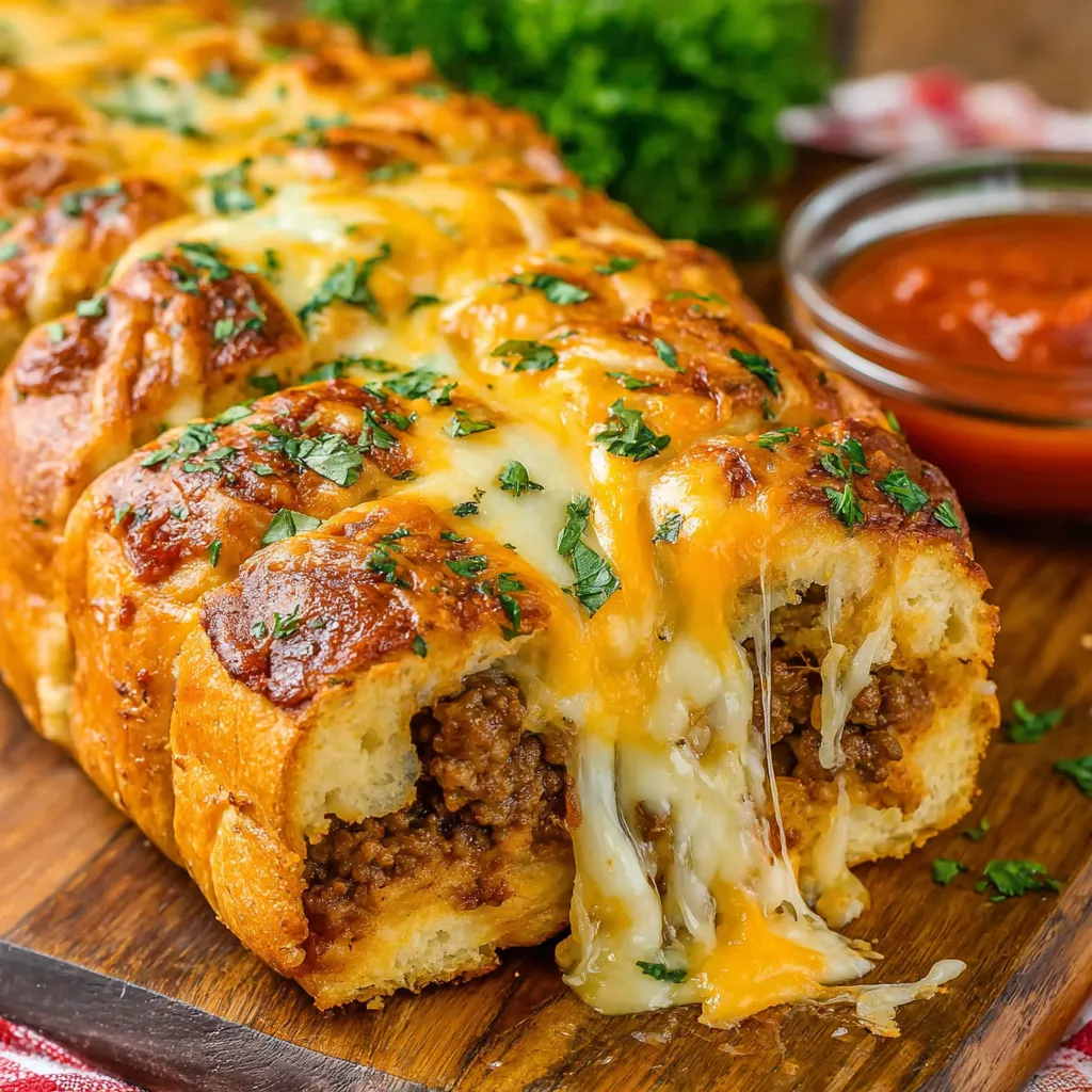 A close-up of freshly baked Garbage Bread highlights its cheesy, savory goodness.