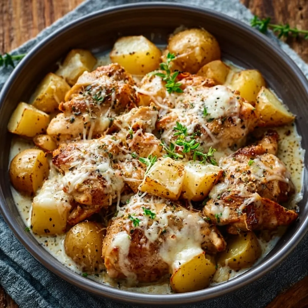 Close-up of creamy Garlic Parmesan Crockpot Chicken & Potatoes served in a slow cooker, showcasing the tender chicken and flavorful potatoes.