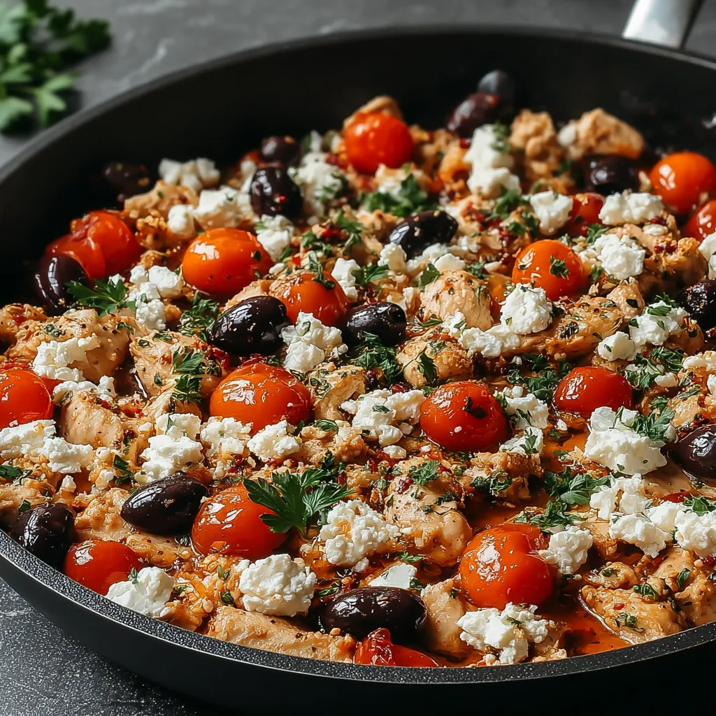 Close-up shot of a delicious Mediterranean Keto Chicken Skillet, showcasing the vibrant colors and textures of the dish.