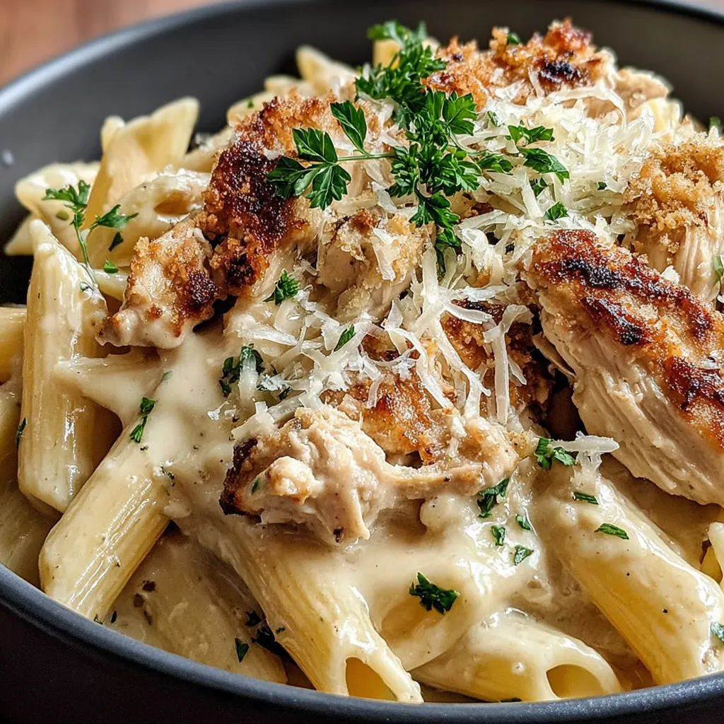 A close-up shot of a freshly baked Rotisserie Chicken Casserole reveals its golden-brown, bubbly top.