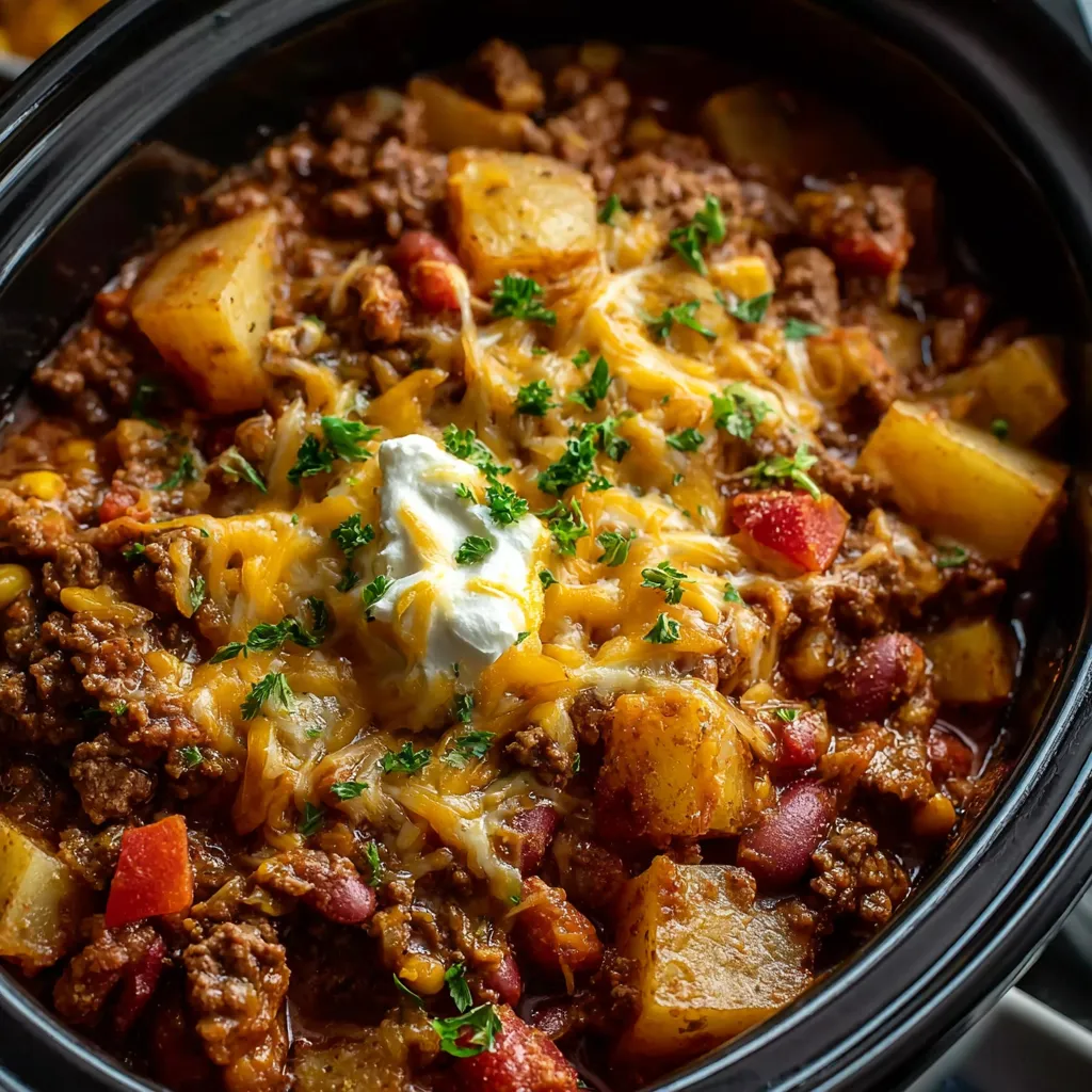 Close-up view of a delicious, cheesy Cowboy Casserole ready to be served.