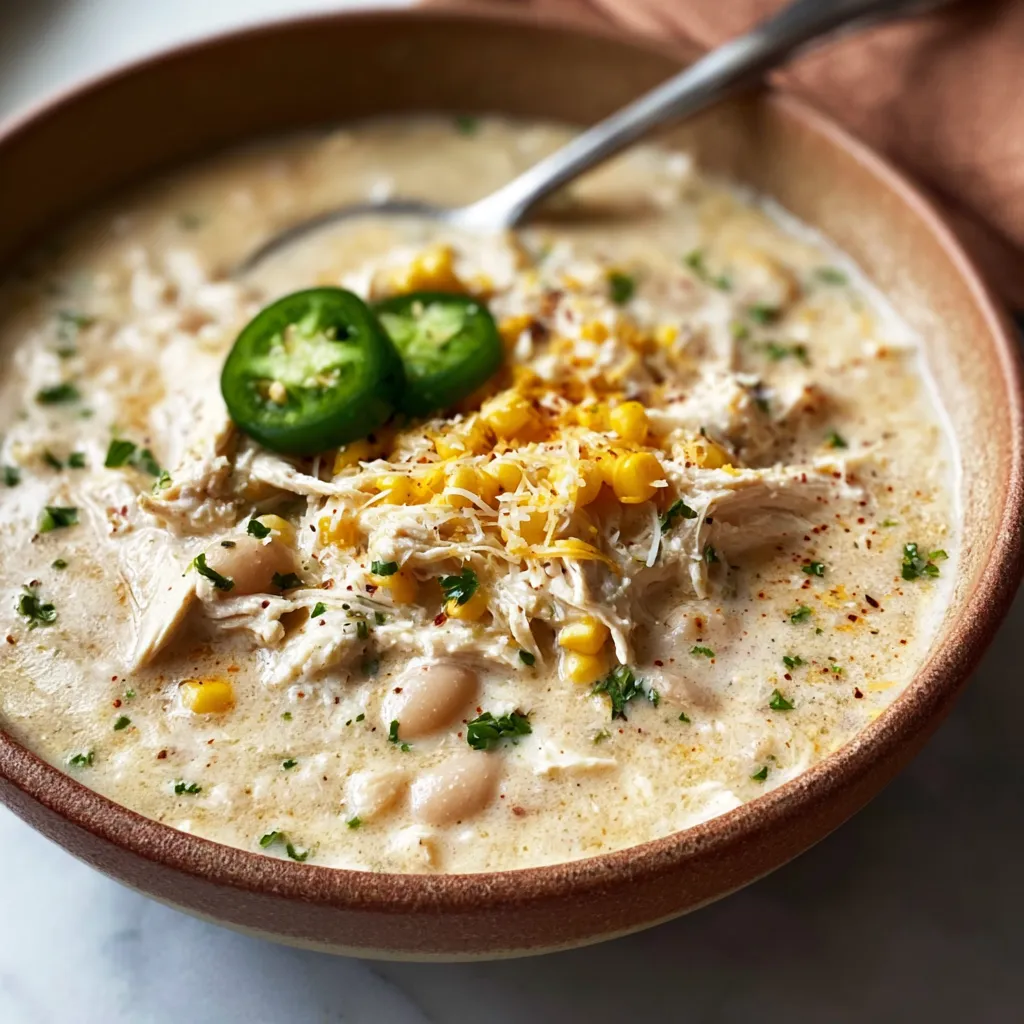 A close-up shot of a steaming bowl of creamy White Chicken Chili.