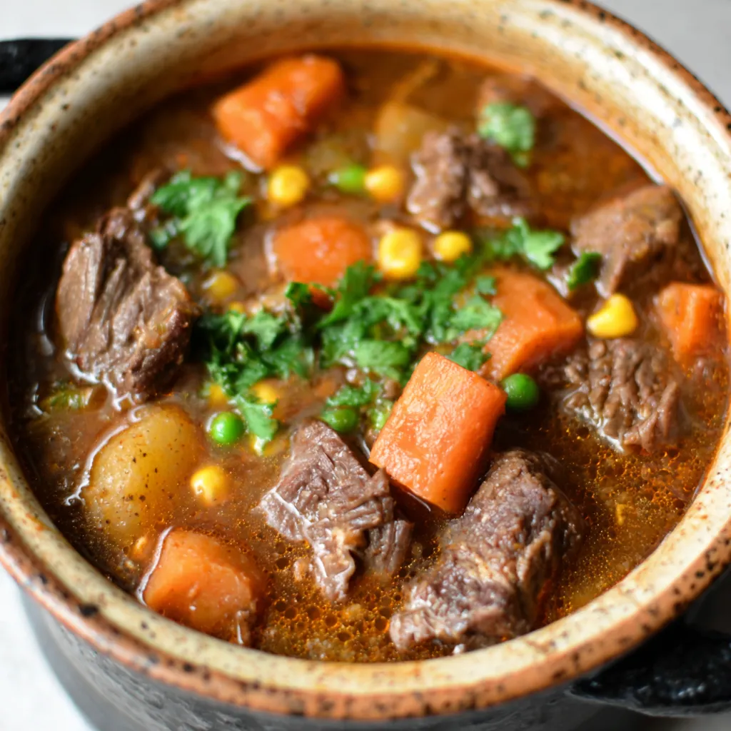 Close-up shot of the hearty and delicious Witch's Cauldron Beef Stew, showcasing its rich broth and tender beef.
