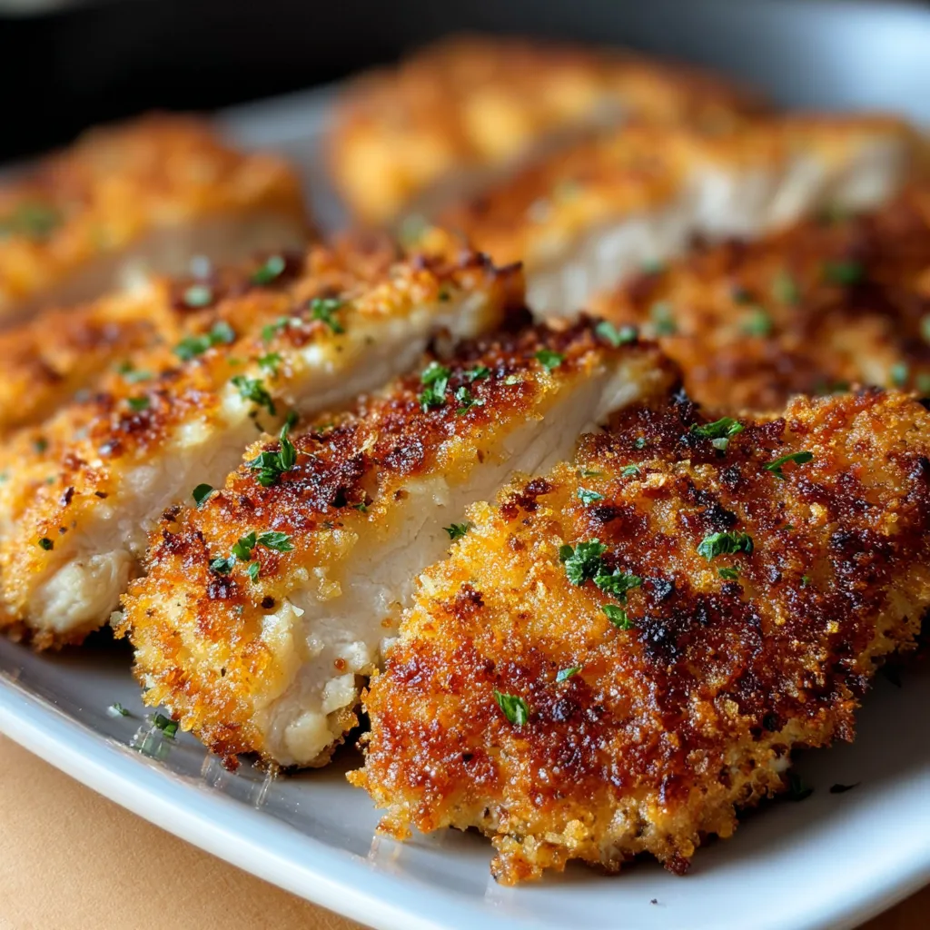 Air Fryer Parmesan Crusted Chicken is shown as a close-up featured image displaying its golden-brown, crispy coating.