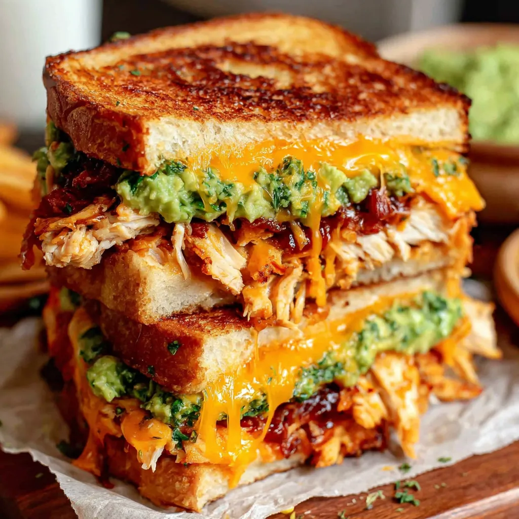 Close-up of a delicious Chicken Avocado Melt Sandwich, showcasing melted cheese, grilled chicken, and creamy avocado.