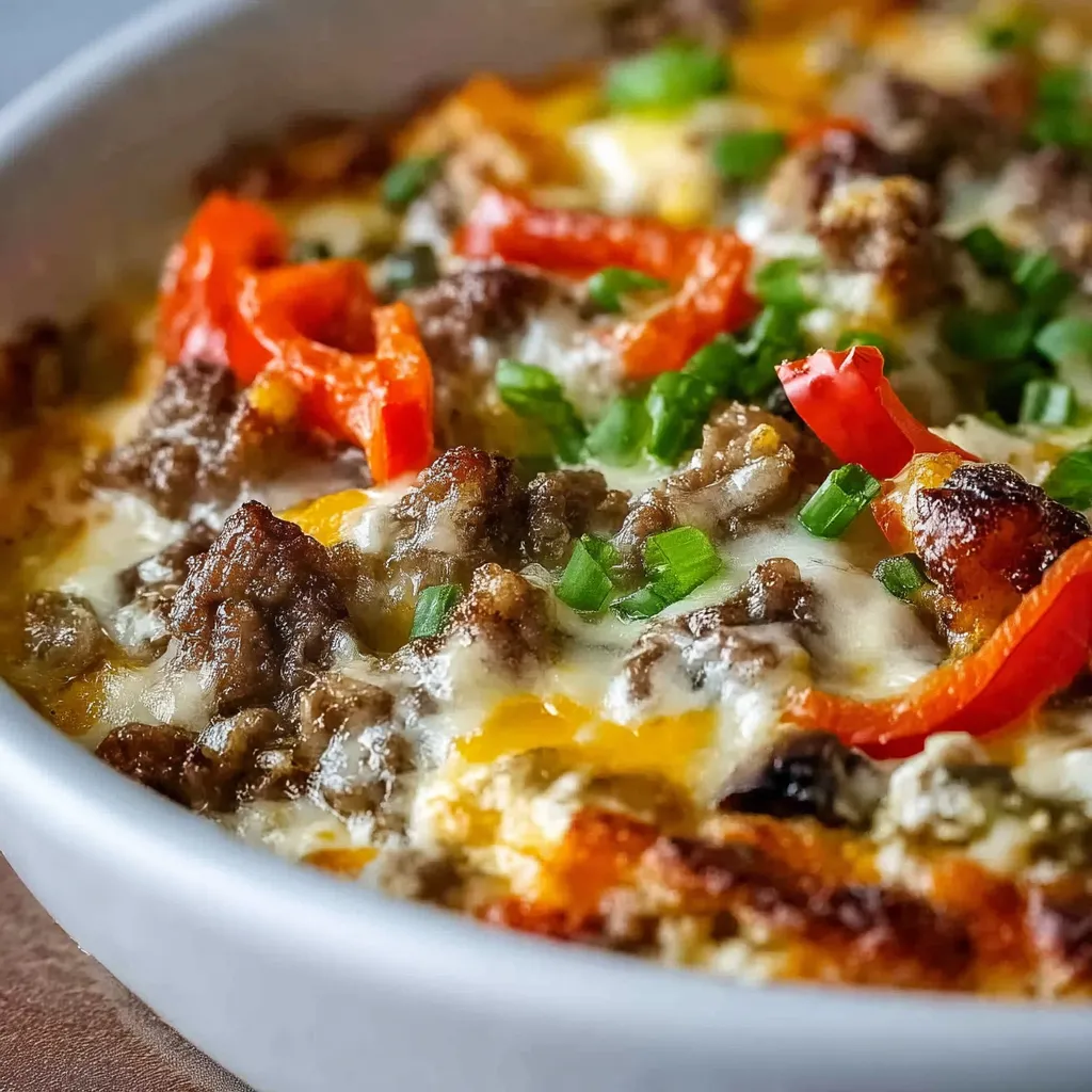 A delicious, close-up featured image showcasing a freshly baked Beefy Philly Cheesesteak Casserole with melted cheese and tender beef.