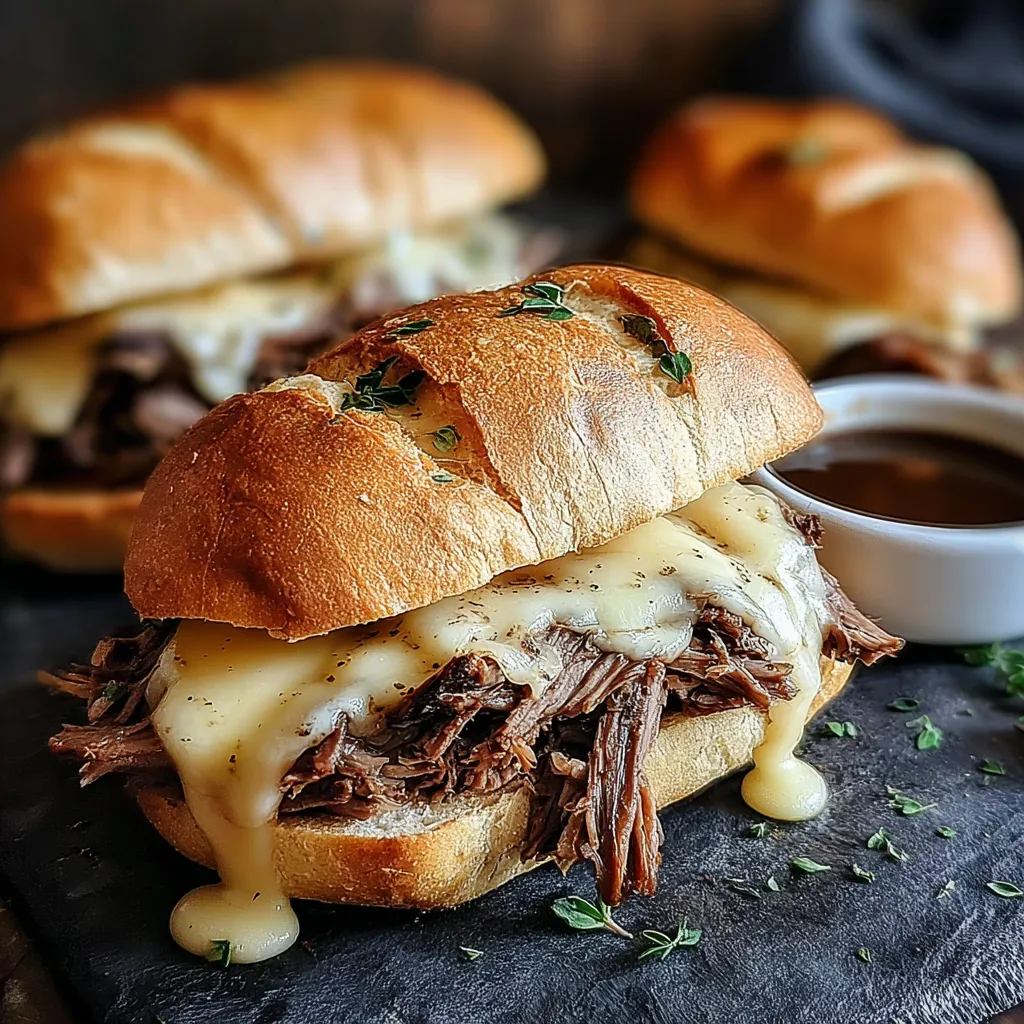Close-up showcases the delicious, savory appeal of French Dip Sandwiches, highlighting the juicy beef and crusty bread.
