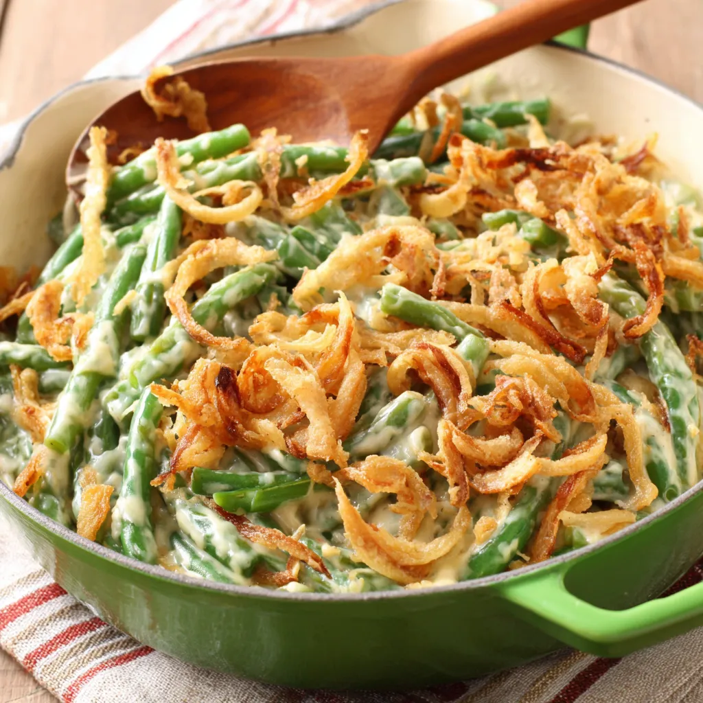 A close-up featured image showcasing a creamy and delicious Green Bean Casserole topped with crispy fried onions.