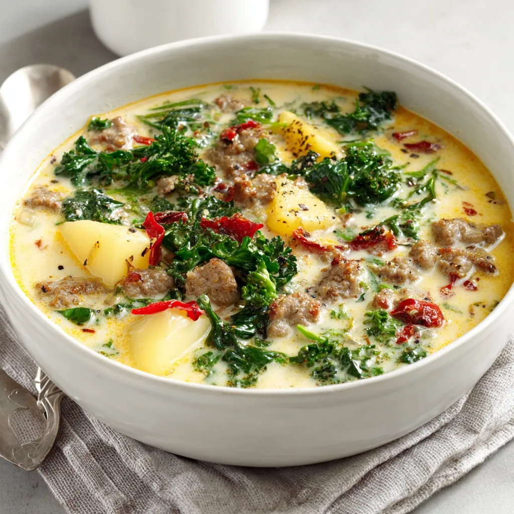 A bowl of creamy and delicious Zuppa Toscana Soup is featured in this image.