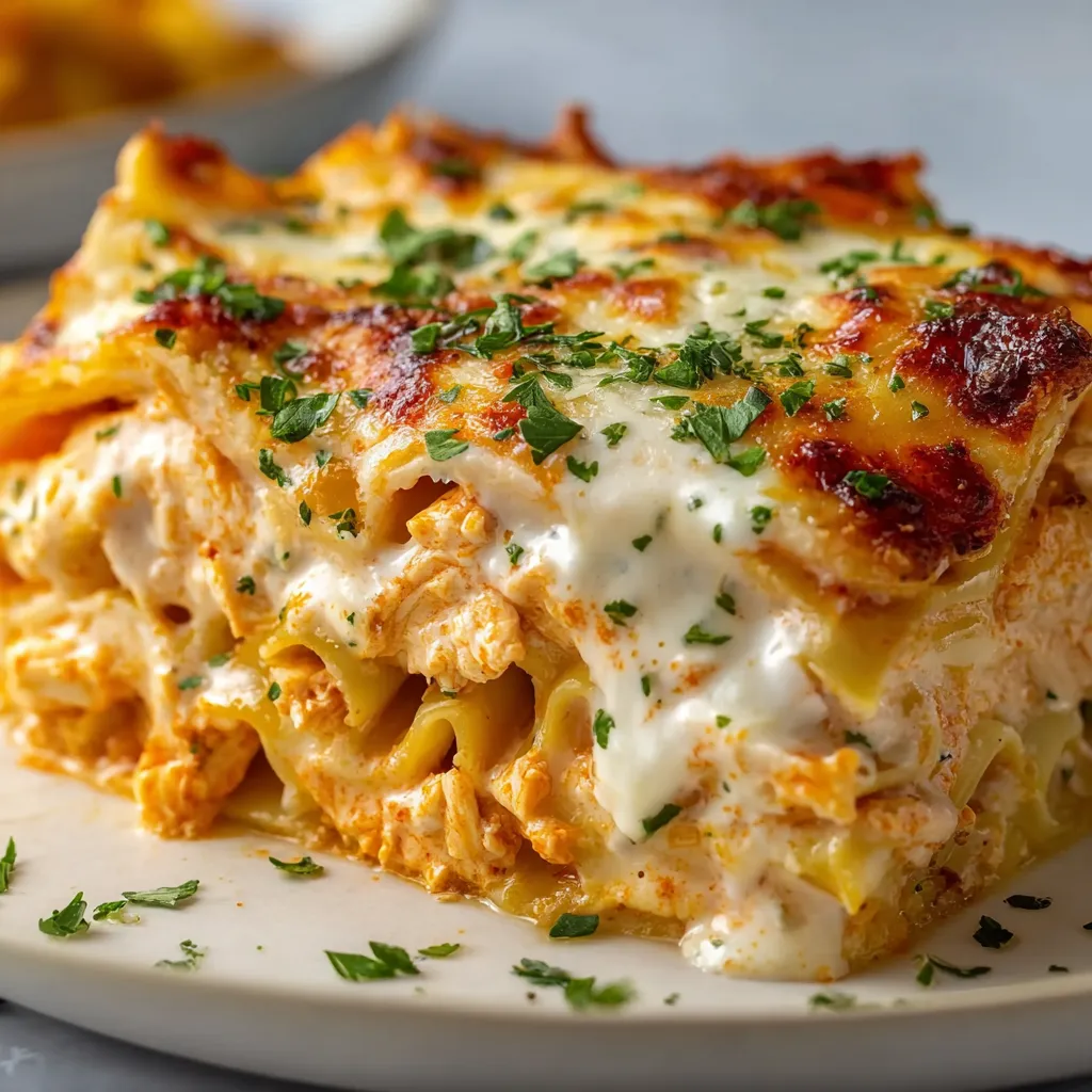 Cheesy Buffalo Ranch Chicken Lasagna, a creamy and spicy layered pasta dish with chicken, buffalo sauce, ranch dressing, and plenty of cheese, is shown as the featured image.