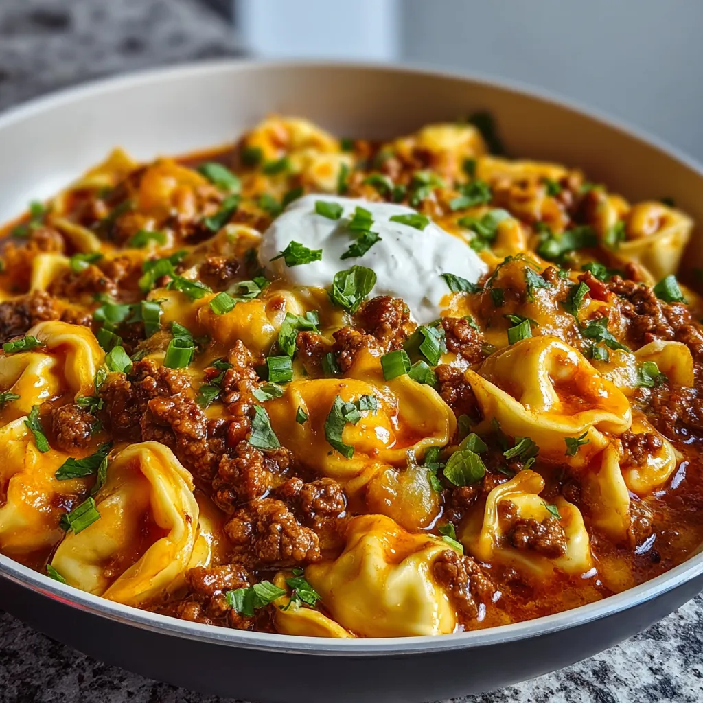 Creamy Cheesy Beef Enchilada Tortellini, a mouthwatering featured image showcasing a fusion of enchilada flavors and Italian pasta.