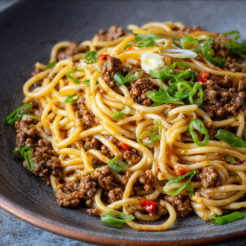 Close-up of a delicious Asian Beef Noodle Skillet, showcasing the colorful vegetables and tender beef.