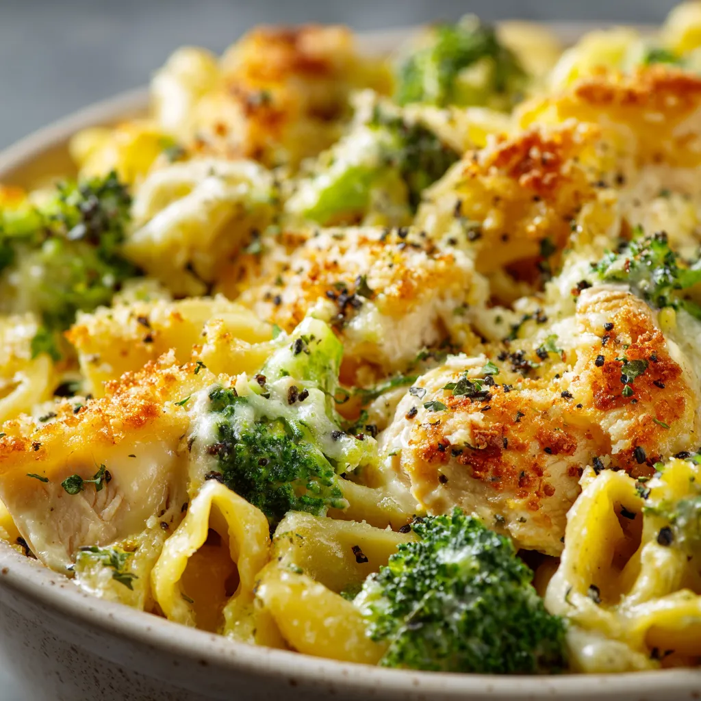 Chicken Broccoli Alfredo Bake is shown in a delicious, creamy casserole dish, ready to be served.