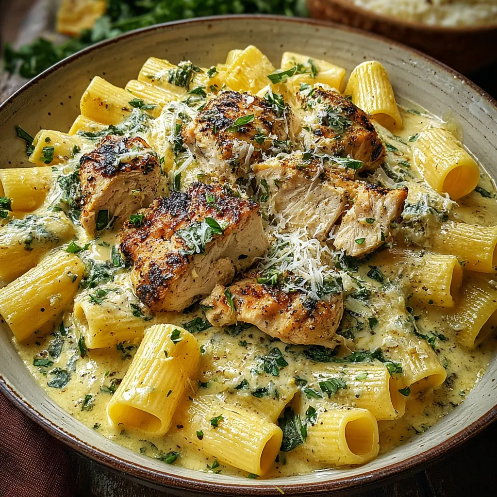 Creamy Parmesan Chicken With Rigatoni Pasta, a delicious and creamy dish featuring tender chicken and perfectly cooked pasta, is showcased in this featured image.
