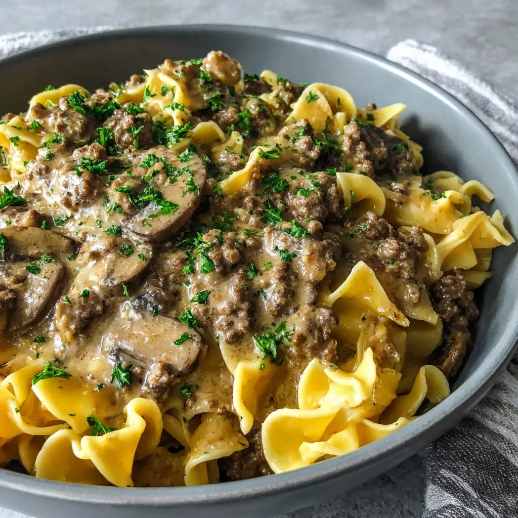 A comforting bowl of creamy Ground Beef Stroganoff, perfect for a weeknight dinner.