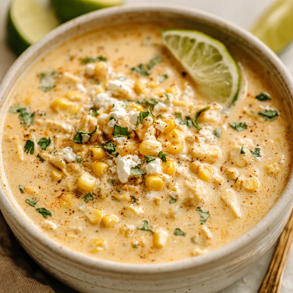 A vibrant bowl of Mexican Street Corn Soup showcases its creamy texture and colorful garnishes as the featured image for the recipe.