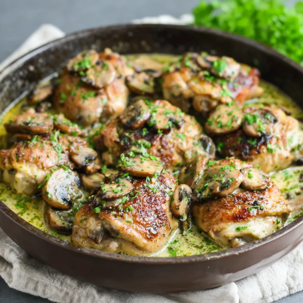 Delicious Skillet Chicken Thighs are shown in a mouthwatering featured image.