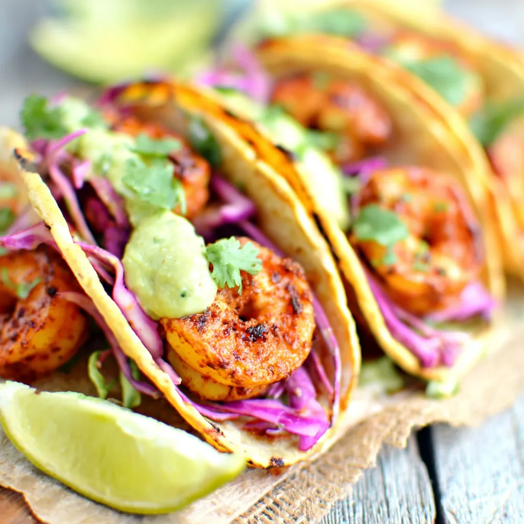 Close-up of delicious Spicy Shrimp Tacos, showcasing the vibrant colors and textures of the dish.