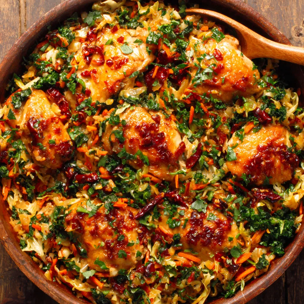 A close-up shot showcases the vibrant colors and textures of the delicious Thai Chicken Cabbage Skillet, ready to be served.