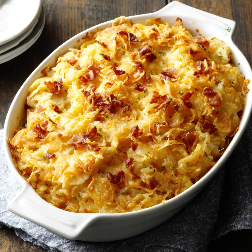 Featured image showcasing a bubbling casserole dish of golden-brown French Onion Funeral Potatoes, perfect for comfort food.