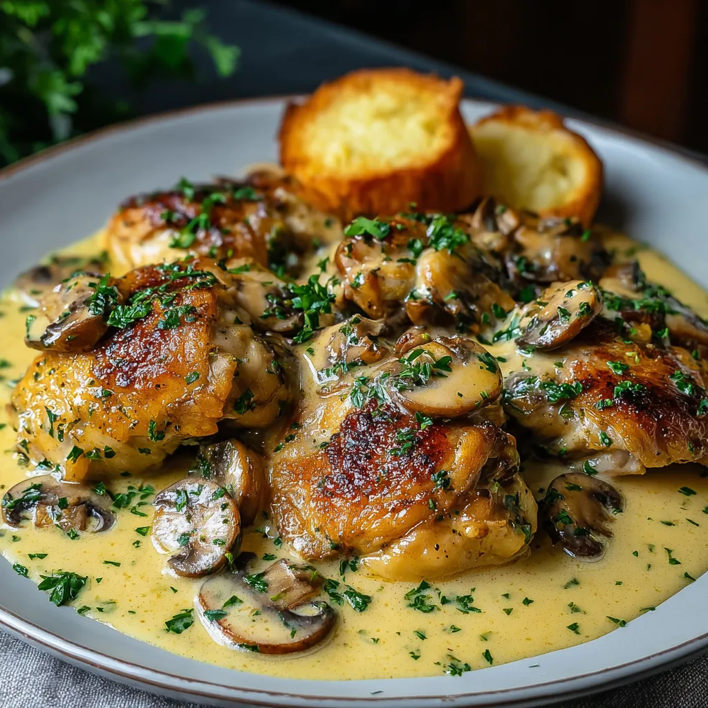 Garlic Mushroom Chicken Thighs, a flavorful and juicy dish featuring tender chicken thighs cooked with garlic and mushrooms.