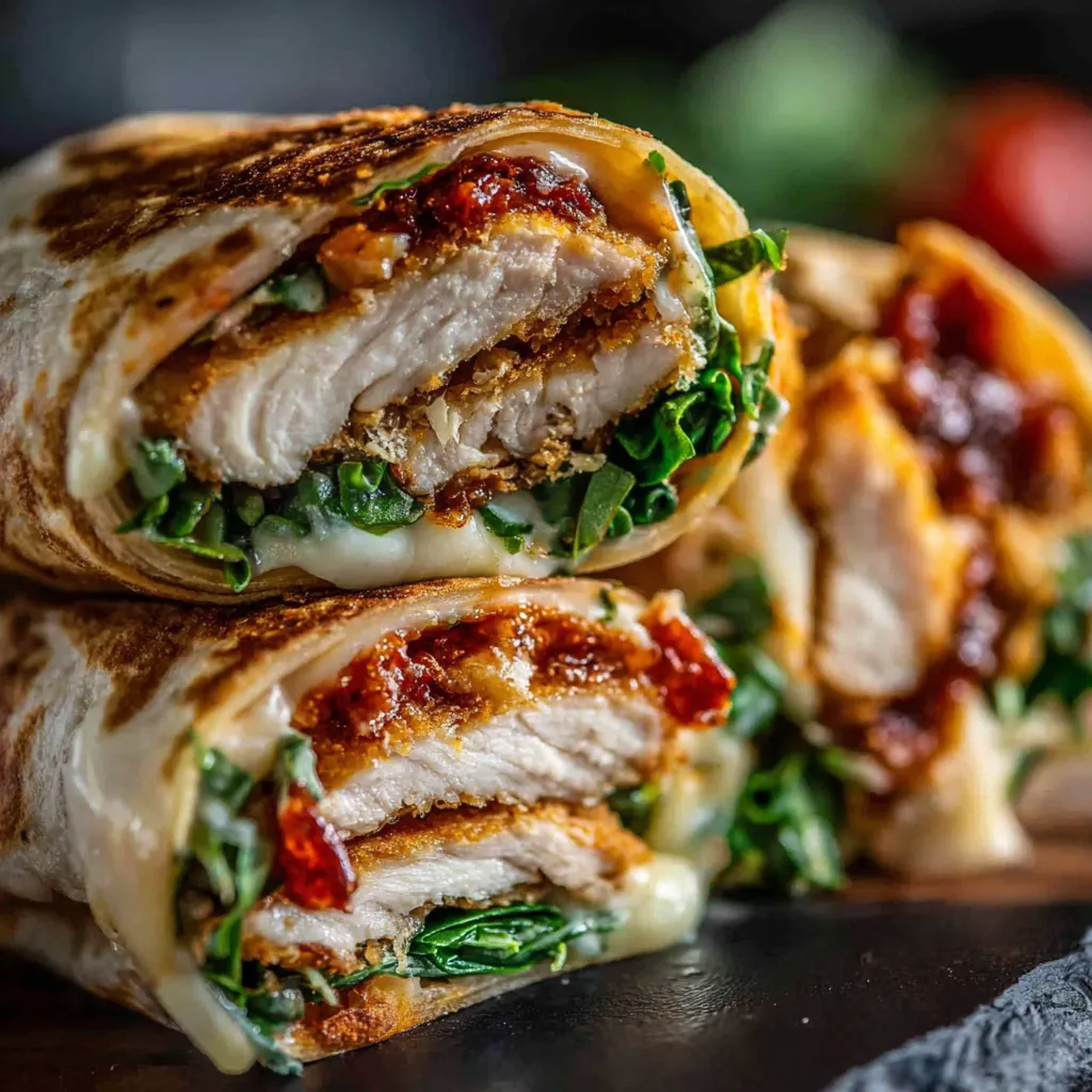 A close-up shot of delicious Air Fryer Chicken Mozzarella Wraps, showcasing their golden-brown exterior and melted cheese filling.