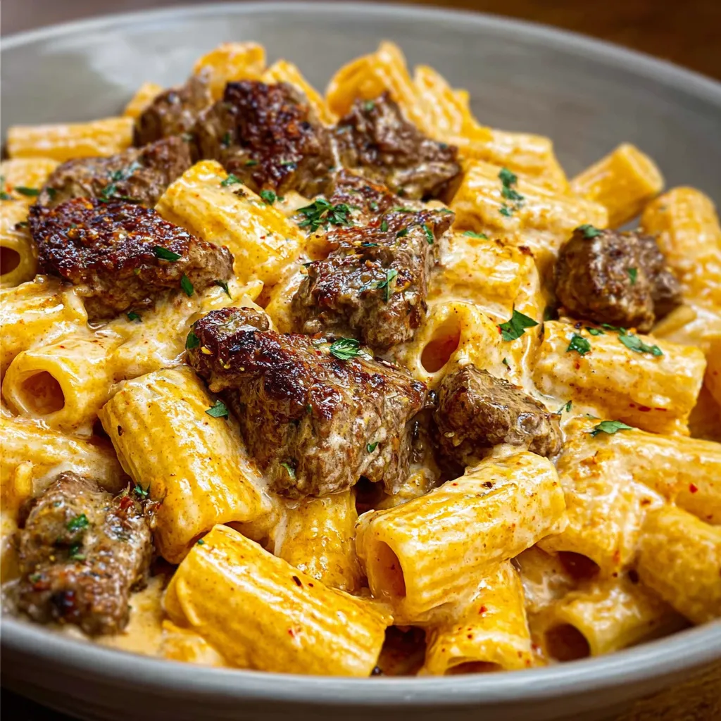 IRRESISTIBLE CAJUN STEAK TIPS IN CREAMY RIGATONI PARMESAN BAKE