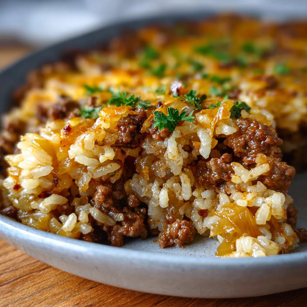 A close-up shot of a delicious, golden-brown French Onion Beef Casserole, ready to be served.