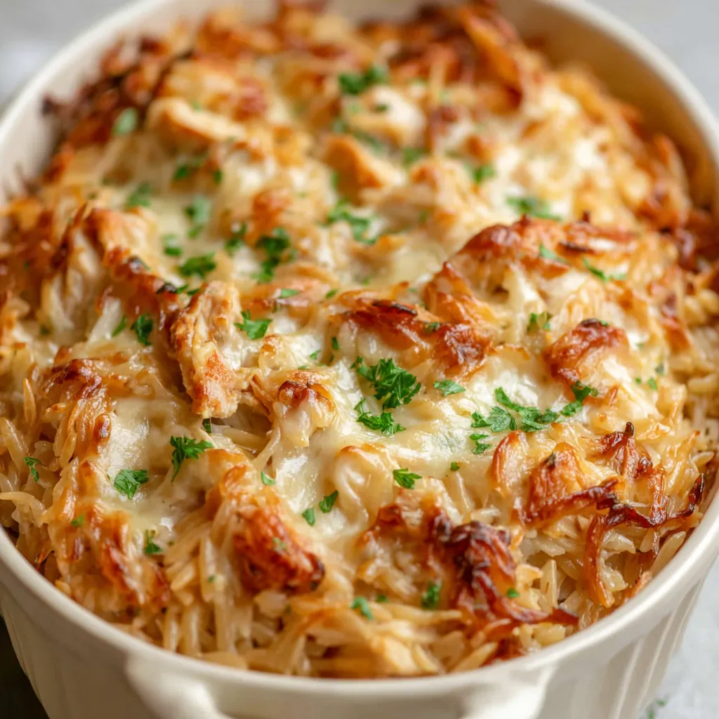 French Onion Chicken Orzo Bake, a delicious casserole with chicken and pasta, is shown as the featured image.