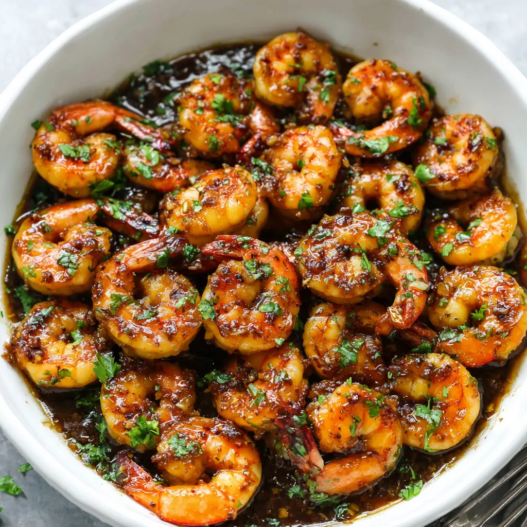 Close-up shot of glistening Honey Garlic Shrimp, perfectly cooked and ready to eat.