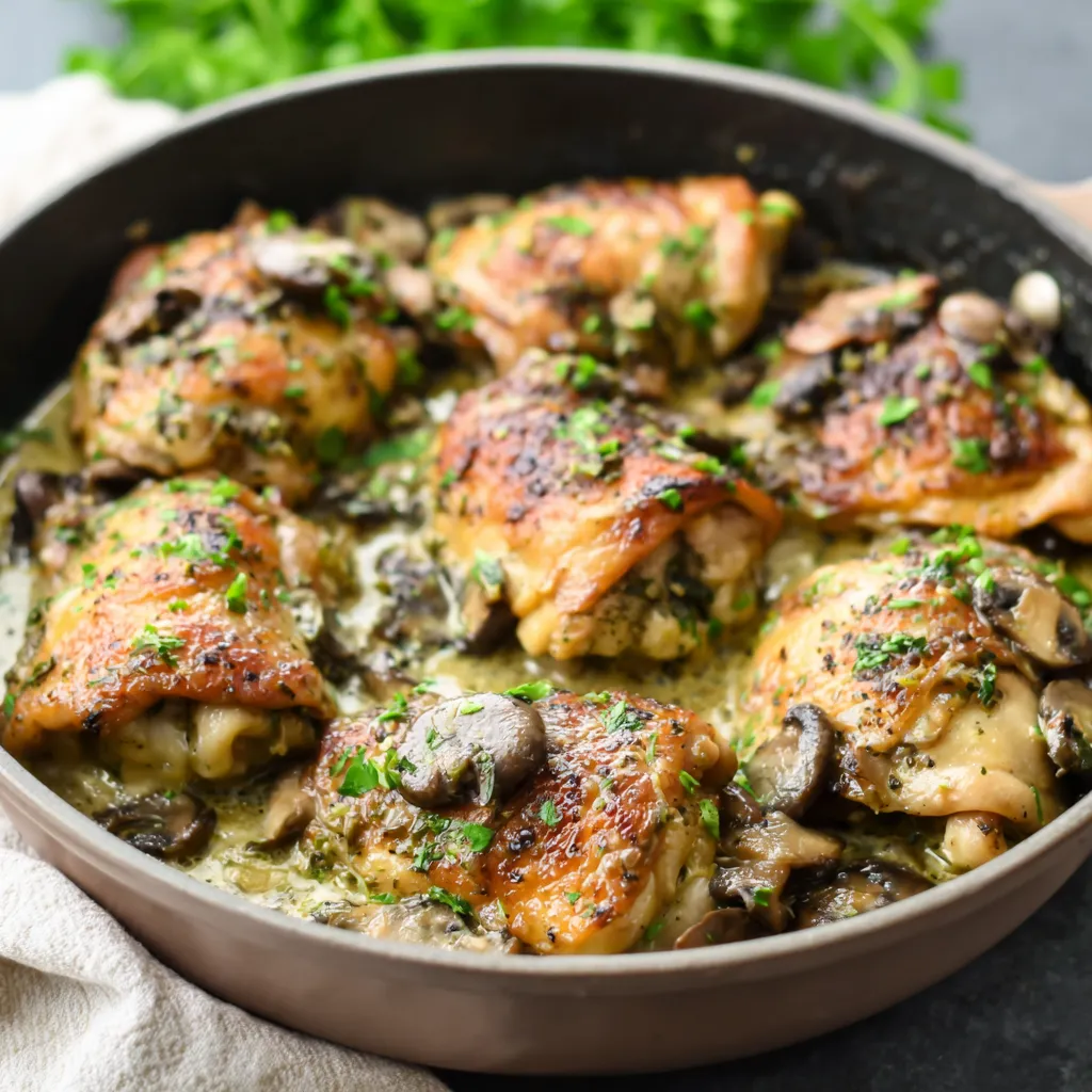 Keto One-Skillet Chicken Thighs are beautifully browned in a skillet, showcasing a delicious and easy low-carb meal.