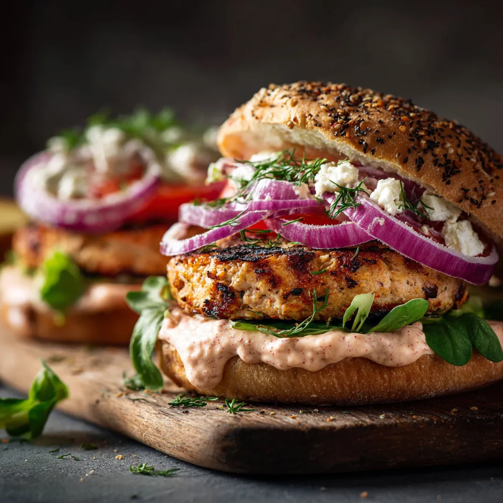 A close-up shows delicious Keto Feta Burgers with melted feta cheese, showcasing a flavorful low-carb meal.