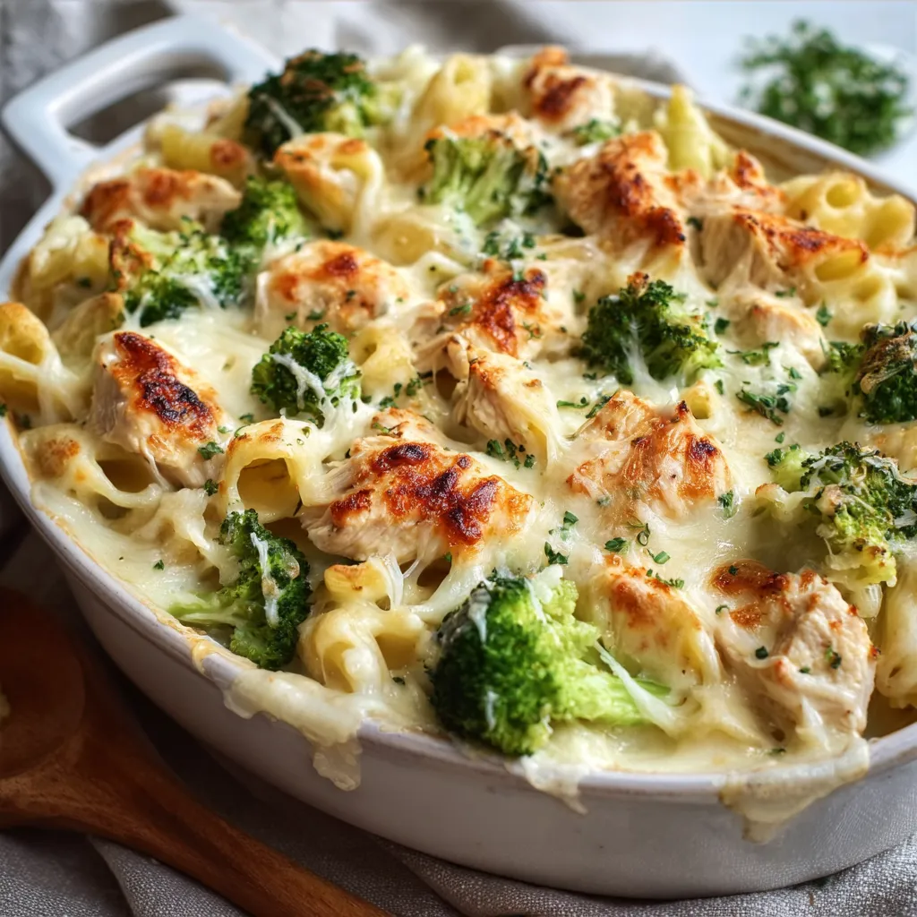 Chicken Broccoli Alfredo Bake featured image showcases a creamy, cheesy, and delicious baked pasta dish with chicken and broccoli.