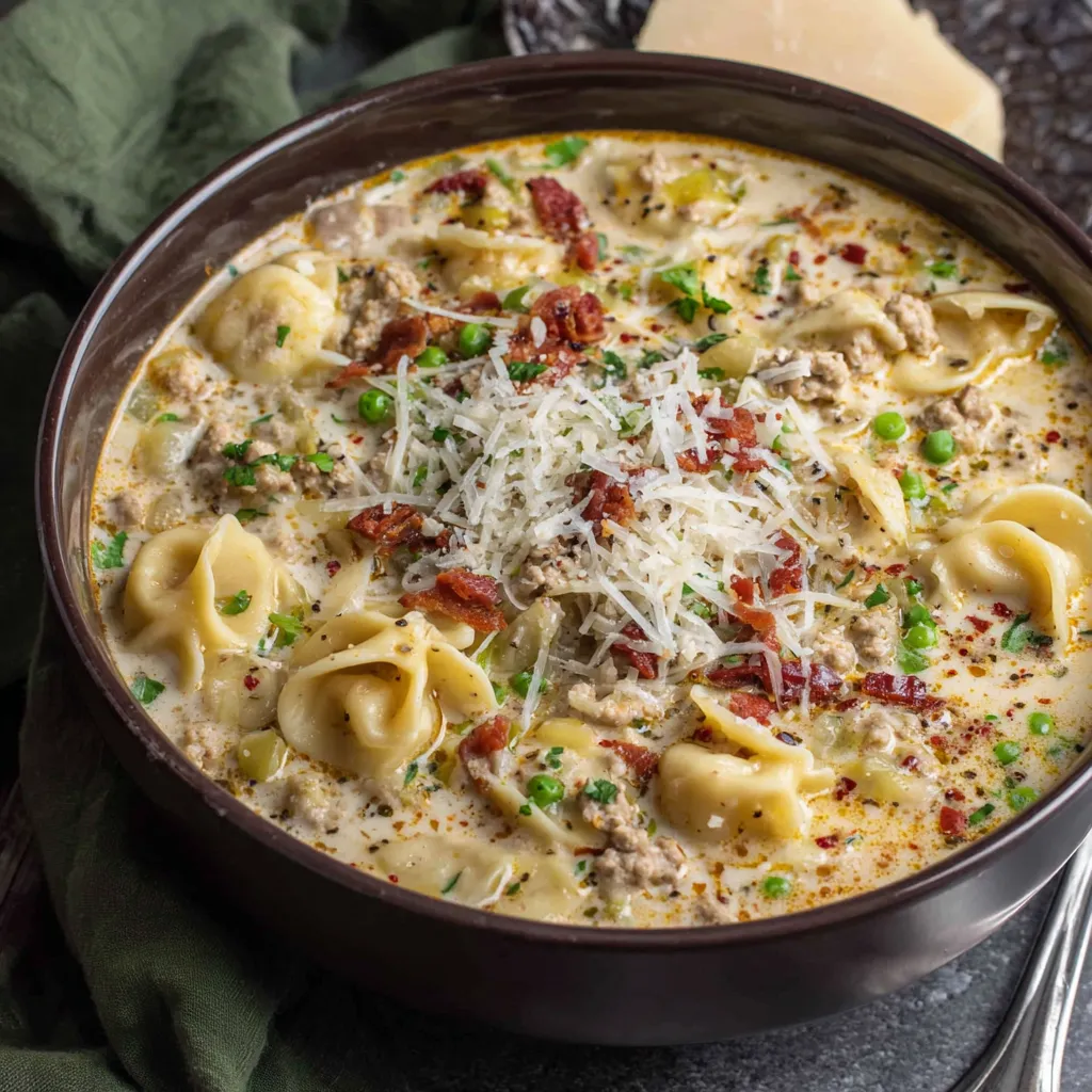 A steaming bowl of Italian Ground Chicken Soup, showcasing the vibrant broth, vegetables, and ground chicken.