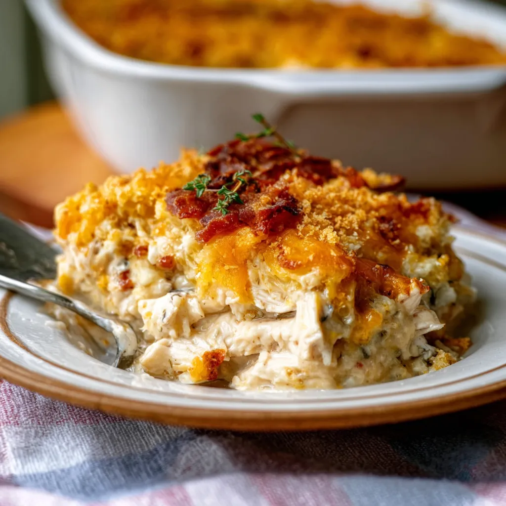 Featured image of the creamy and cheesy Million Dollar Chicken Casserole ready to be served.